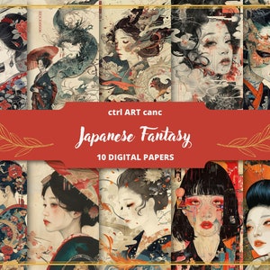 Portret Geishy Cyfrowy papier Geishy Japoński zestaw dziennika śmieci Japoński papier do scrapbookingu Geisha do druku Japońska ilustracja Sztuka Geishy