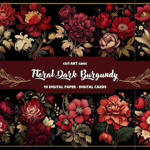 Dunkelburgunderfarbenes Blumenbild, dunkles Burgunderrot, digitales Papier, dunkle Blumen, zum Ausdrucken, Ephemera, William Morris-Blume, zum ausdrucken, dunkelbraun, zum ausdrucken