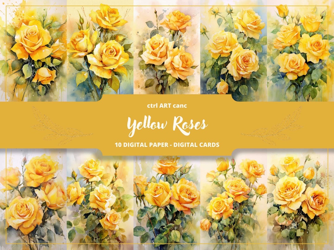Yellow Roses Bouquet Printable, Watercolor Yellow Roses Digital Paper