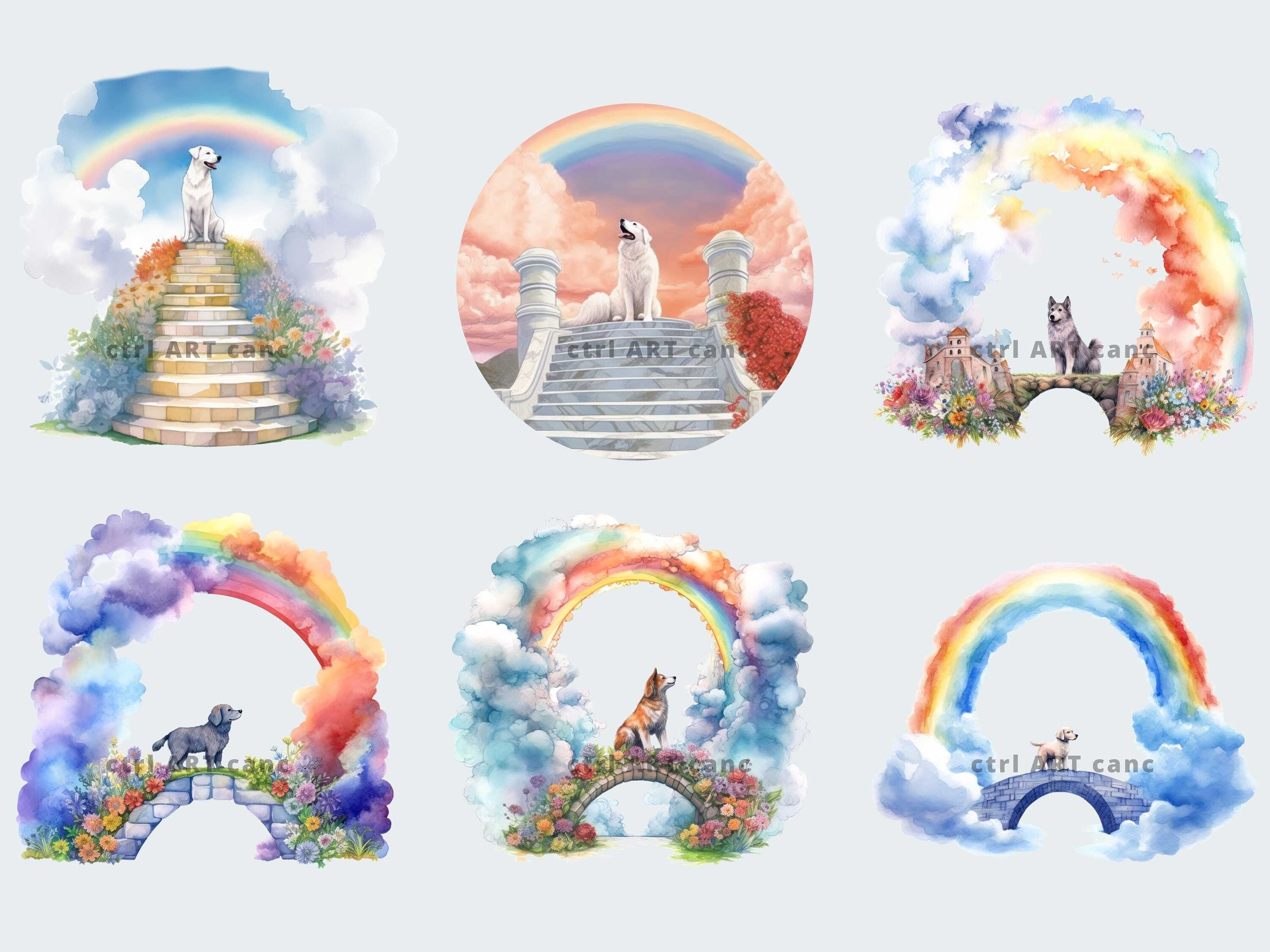 Rainbow Bridge Dog Watercolor Clipart: Pet Loss PNG Bundle (digital ...