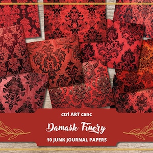 Roter Damast Junk Journal Kit Scrapbook Kit Damast Digitales Papier Damast Druckbare Textur Damast-Muster Damast Hintergrund Damast Textur