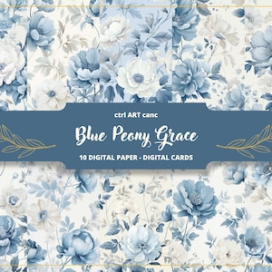 Carta digitale peonie blu, carta per diario fiori blu, carta da imballaggio, carta per inviti, carta per diario, diario spazzatura, carta artigianale