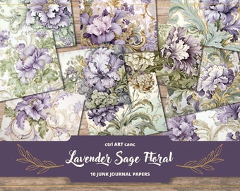 May include: Ten digital papers featuring a lavender and sage floral pattern with ornate gold accents. The papers are designed for junk journaling.