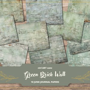 May include: Ten digital papers featuring a green brick wall with distressed paint and chipped plaster. The papers are perfect for junk journaling, scrapbooking, and other creative projects.