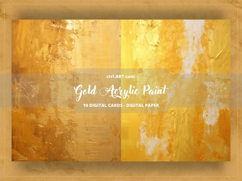 May include: A digital paper pack featuring 10 digital cards with a gold acrylic paint texture. The cards are perfect for scrapbooking, card making, and other crafting projects. ctrl ART canc Gold Acrylic Paint 10 DIGITAL CARDS - DIGITAL PAPER