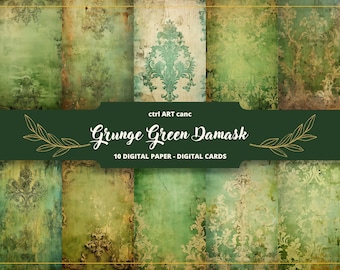 Grunge Green Damask Digital Paper: Junk Journal Kit (Digital Download)