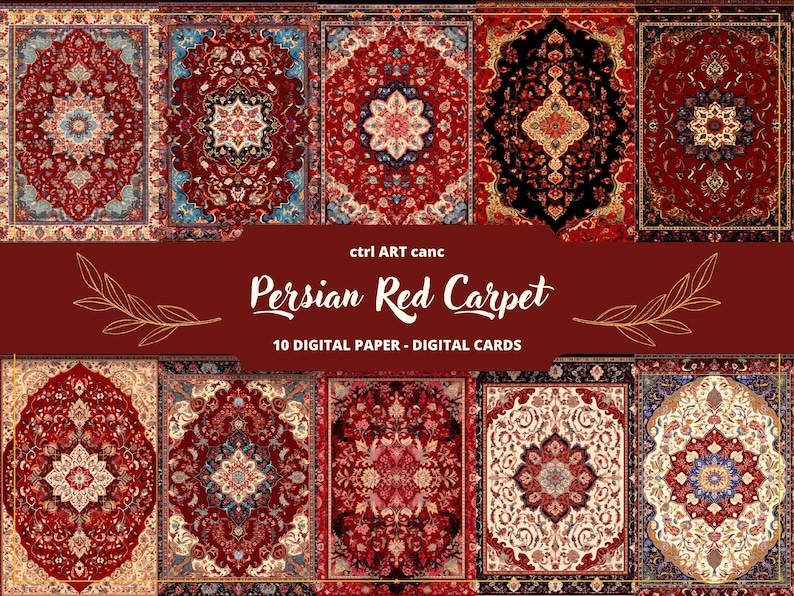May include: Ten digital papers featuring red, blue, and gold Persian-style carpets with intricate patterns.  The digital papers are perfect for crafting, scrapbooking, and digital design projects.
