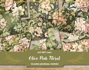 Green Floral Junk Journal Kit: Printable Scrapbook Paper (Digital Download)