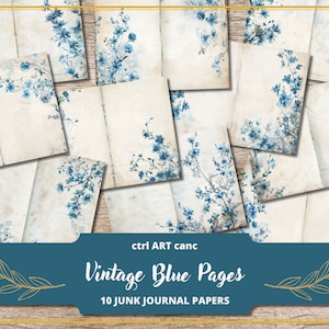 Floral Blue Pages for Junk Journal Kit Scrapbook Kit Printable Digital Paper Blue Floral Decor Pages Floral Wall Art Floral Illustration
