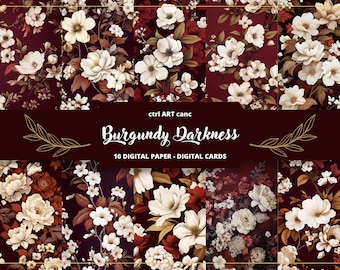 Burgundy Floral Digital Paper: Junk Journal, Scrapbook (Digital Download)