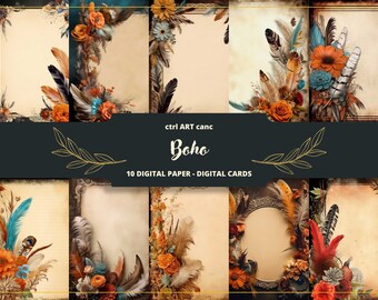 Papier cyfrowy Boho Feather: Kwiatowe scrapbooking, kolaż (pobranie cyfrowe)