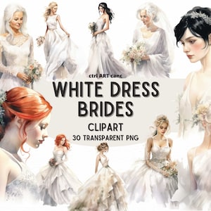 White Dress Brides Clipart: Floral Wedding PNG Bundle (Digital Art)