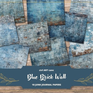 May include: Ten digital papers featuring a blue brick wall with distressed paint and chipped areas. The papers are perfect for junk journaling, scrapbooking, and other creative projects.