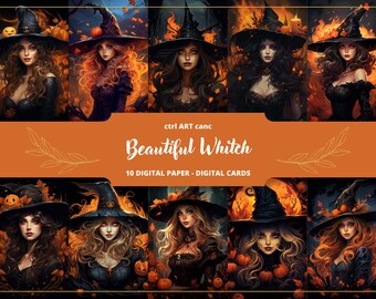 Halloween Witch Digital Paper: Junk Journal Scrapbook (JPEG Files)