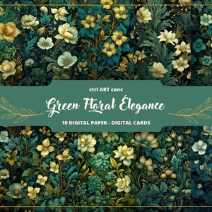 Carta digitale oro verde, sfondo floreale per album, forniture eleganti per diario spazzatura, sfondo shabby fiori, download digitale