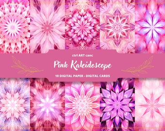 May include: A collection of ten digital paper designs with a pink kaleidoscope theme. The designs feature intricate floral and geometric patterns in shades of pink and purple. The text "Pink Kaleidoscope" is displayed on a pink banner.