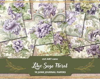 May include: Ten digital papers featuring a lilac and sage floral pattern with ornate scrollwork. The papers are designed for junk journaling.