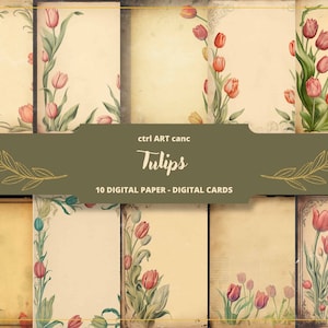 10 Tulpen Vintage Papier, Tulpen Blumen, Junk Journal Papier, Ephemera, Blume Scrapbooking, Junk Journal, druckbares Papier
