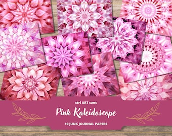 May include: A collection of ten pink kaleidoscope-themed junk journal papers. Each paper features a unique floral or geometric design in shades of pink and white. The text "Pink Kaleidoscope" and "10 Junk Journal Papers" is displayed on a banner.