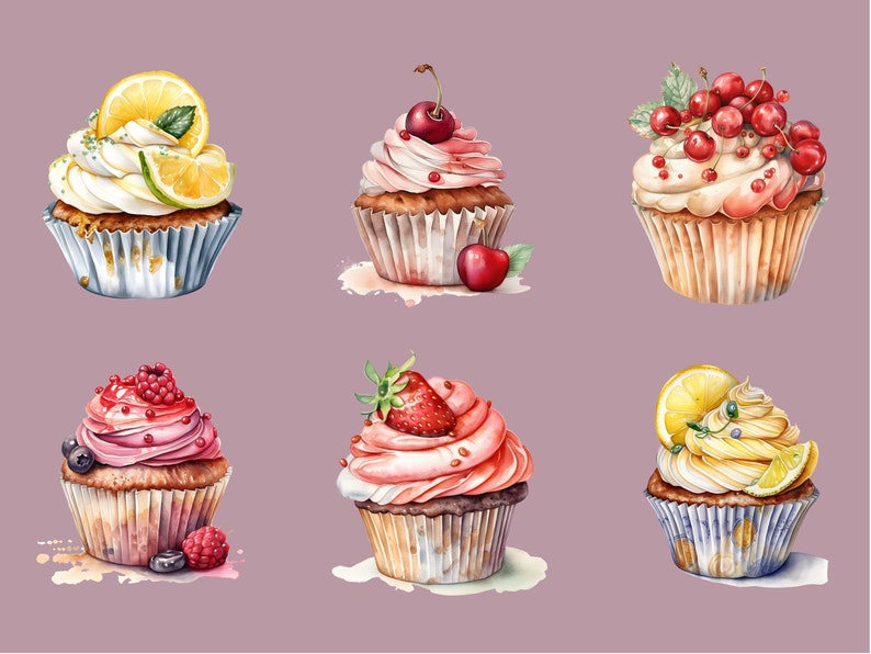 30 Fruit Cupcake Clipart Watercolor Cupcake Cupcake Etsy