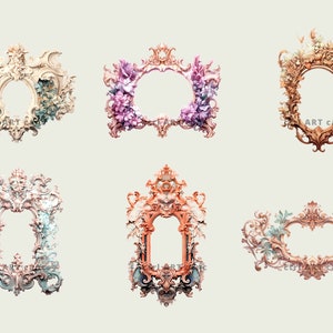 May include: Six ornate, vintage-style frames in various shapes and colors. The frames are decorated with floral and scrollwork details, with a central opening for a picture or artwork. The color palette includes cream, peach, and purple.