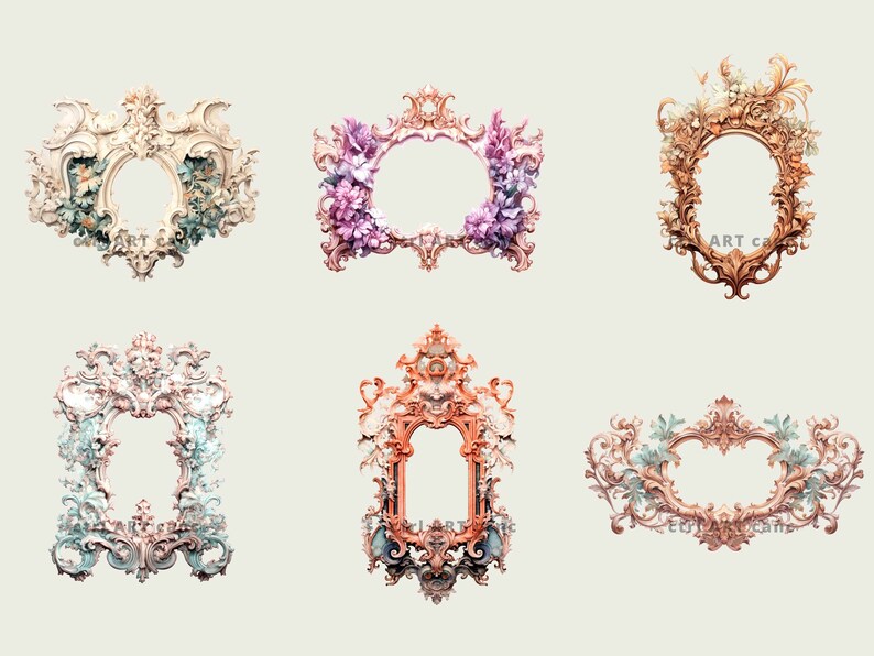 May include: Six ornate, vintage-style frames in various shapes and colors. The frames are decorated with floral and scrollwork details, with a central opening for a picture or artwork. The color palette includes cream, peach, and purple.