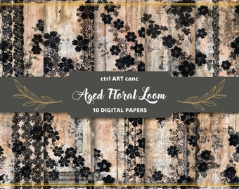 May include: A set of 10 digital papers featuring a vintage floral pattern in black and white on a beige background. The papers are titled "Aged Floral Loom" and are perfect for scrapbooking, card making, and other crafting projects.