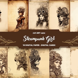 Steampunk Girl Digital Paper, Steampunk Printable, Anime Steampunk, Steampunk Gift, Futuristic Printable, Scrapbooking, Collage, Junk Journal