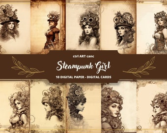 Steampunk-tjej digitalt papper: AI-konst, scrapbooking, collage (digital nedladdning)