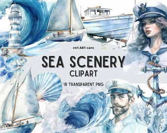 Sea Scenery Watercolor Clipart, Marine PNG Bundle (Digital Download)