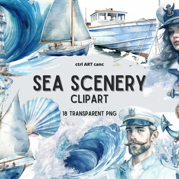 Sea Scenery Watercolor Clipart, Ocean Clipart, Marine Clipart, Transparent PNG, Boat Clipart, Transparent Clipart, PNG Bundle, Collage