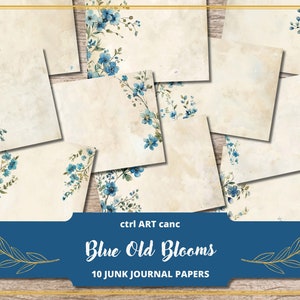 Blue Flowers Junk Journal Paper Journal Kit Scrapbook Kit Digital Paper Printable Floral Decor for Junk Journal Blue Journal Illustration