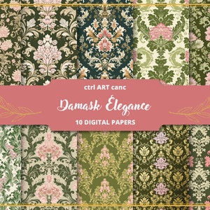 Grüner Damast Digitales Papier Damast druckbares Papier Damast Muster Damast Hintergrund Damast Textur Damast Dekor Journal Kit Scrapbook Kit