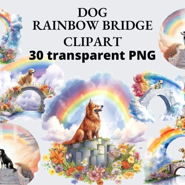 Rainbow Bridge Dog Watercolor Clipart, Pet Loss Clipart, Heaven Clipart, Transparent PNG, Rainbow Clipart, Transparent Clipart, PNG Bundle