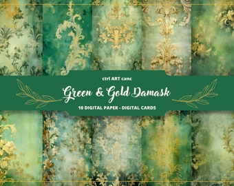 Green & Gold Damask Paper: Tattered Printable for Junk Journals (Digital Download)