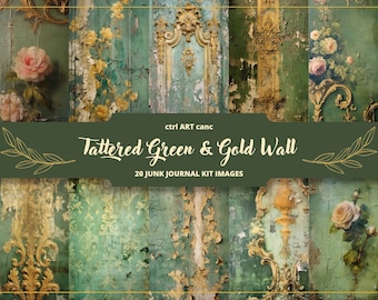 Tattered Green & Gold Wall Tattered Wall Art: Junk Journal Kit (Digital Download)