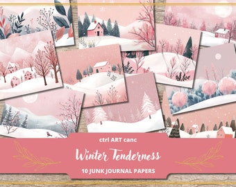 May include: Ten digital papers featuring pink and white winter scenes with houses, trees, and snow. The papers are designed for junk journaling.