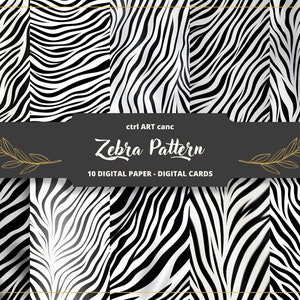 May include: A set of 10 digital papers featuring a zebra print pattern in black and white. The papers are perfect for crafting, scrapbooking, and digital design projects. ctrl ART canc Zebra Pattern 10 DIGITAL PAPER - DIGITAL CARDS
