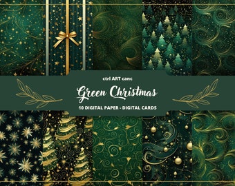 Green & Gold Christmas Digital Paper, Christmas Wrapping Paper, Junk Journal Paper, Scrapbooking Paper, Journaling Paper, Crafting Paper