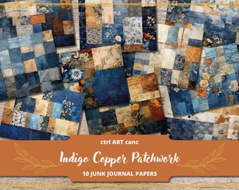 Blue Patchwork Collage: Junk Journal Kit, Scrapbook Paper (Digital Kit)