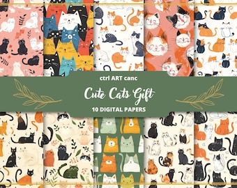 May include: A set of 10 digital papers featuring cute cat illustrations in various colors and patterns. The papers are perfect for scrapbooking, card making, and other craft projects. ctrl ART canc Cute Cats Gift 10 DIGITAL PAPERS