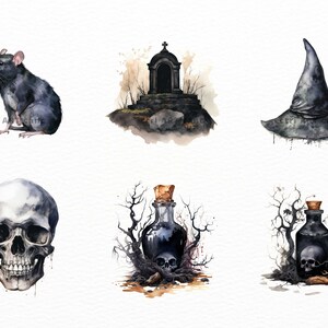 K&ouml;nnte beinhalten: Ein Set aus sechs Aquarell-Illustrationen mit Halloween-Motiven. Die Illustrationen zeigen eine schwarze Ratte, einen gruseligen Friedhof, einen Hexenhut, einen menschlichen Sch&auml;del und zwei Flaschen mit Zaubertrank, in denen sich Sch&auml;del befinden.