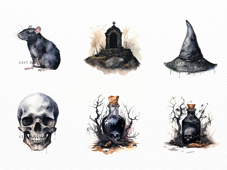 K&ouml;nnte beinhalten: Ein Set aus sechs Aquarell-Illustrationen mit Halloween-Motiven. Die Illustrationen zeigen eine schwarze Ratte, einen gruseligen Friedhof, einen Hexenhut, einen menschlichen Sch&auml;del und zwei Flaschen mit Zaubertrank, in denen sich Sch&auml;del befinden.