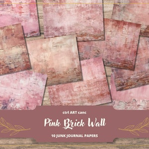 May include: Ten digital papers featuring a pink brick wall with distressed and weathered textures. The papers are ideal for junk journaling, scrapbooking, and digital art projects.