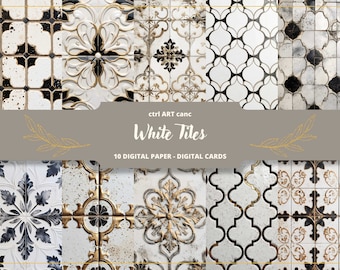 White Tiles Digital Paper: Oriental Ceramic Patterns (Digital Download)