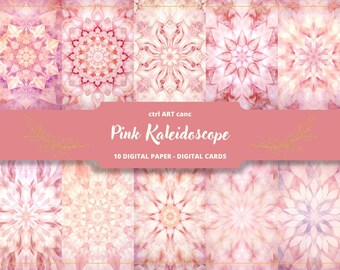 May include: A collection of ten digital papers and digital cards featuring pink kaleidoscope designs. The designs have a watercolor effect with shades of pink, white, and purple. The text "Pink Kaleidoscope" is displayed on a pink banner.
