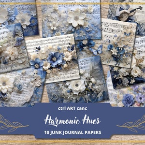Blue Music Junk Journal Kit Partituras Scrapbook Encaje Azul Scrapbook Papel para páginas de diario basura Shabby Floral Journal Floral Scrapbook