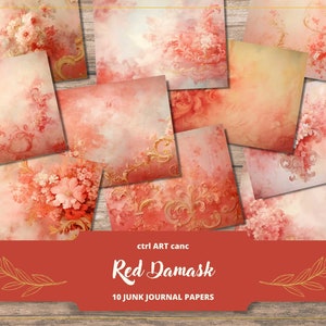 Red Journal Paper Junk Journal Paper Red Damask Printable Paper for Scrapbook Background Red Paper Journal Digital Paper Scrapbook Paper