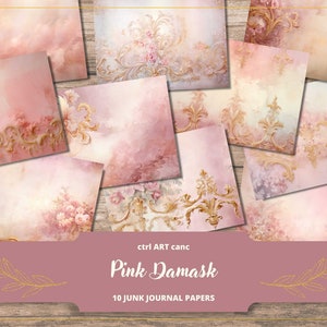 Pink Journal Paper Junk Journal Paper Pink Damask Printable Paper for Scrapbook Background Pink Paper Journal Digital Paper Scrapbook Paper