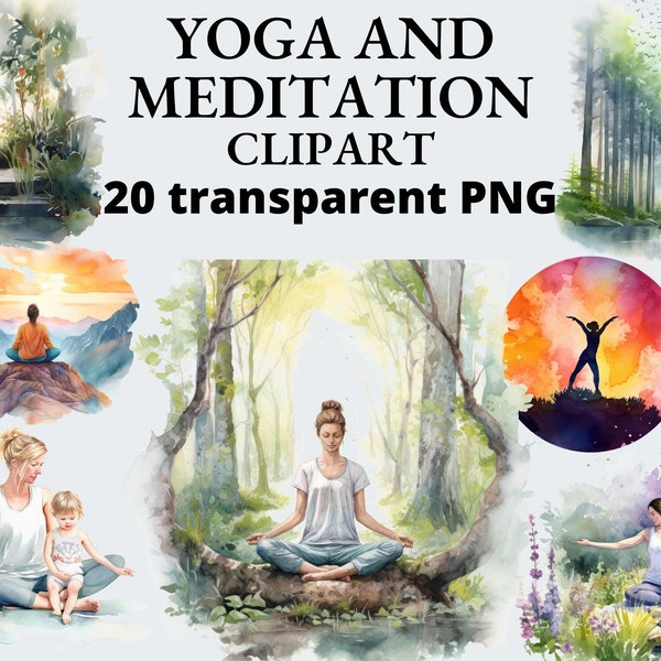 Yoga and Meditation Watercolor Clipart, Mindfulness clipart, Transparent PNG, Serenity Clipart, Transparent Clipart, PNG Bundle